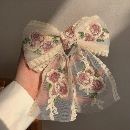 Embroidery Bow Hairclip – Vintage Floral Lace Barrette for Women