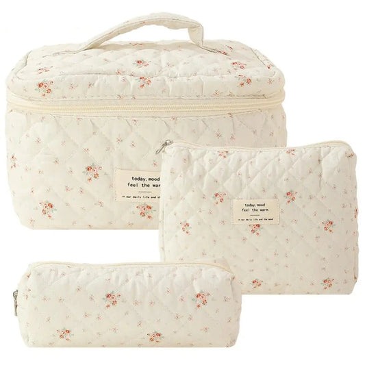 Quilted Cosmetic Aesthetic Bag 3-Piece Set – Floral Cotton Makeup Organizer for Women